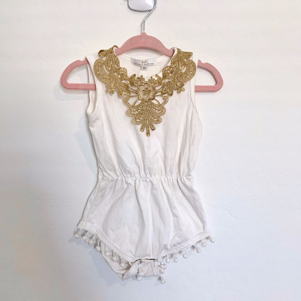Bailey's Blossoms White w/ Gold Lace Collar Romper